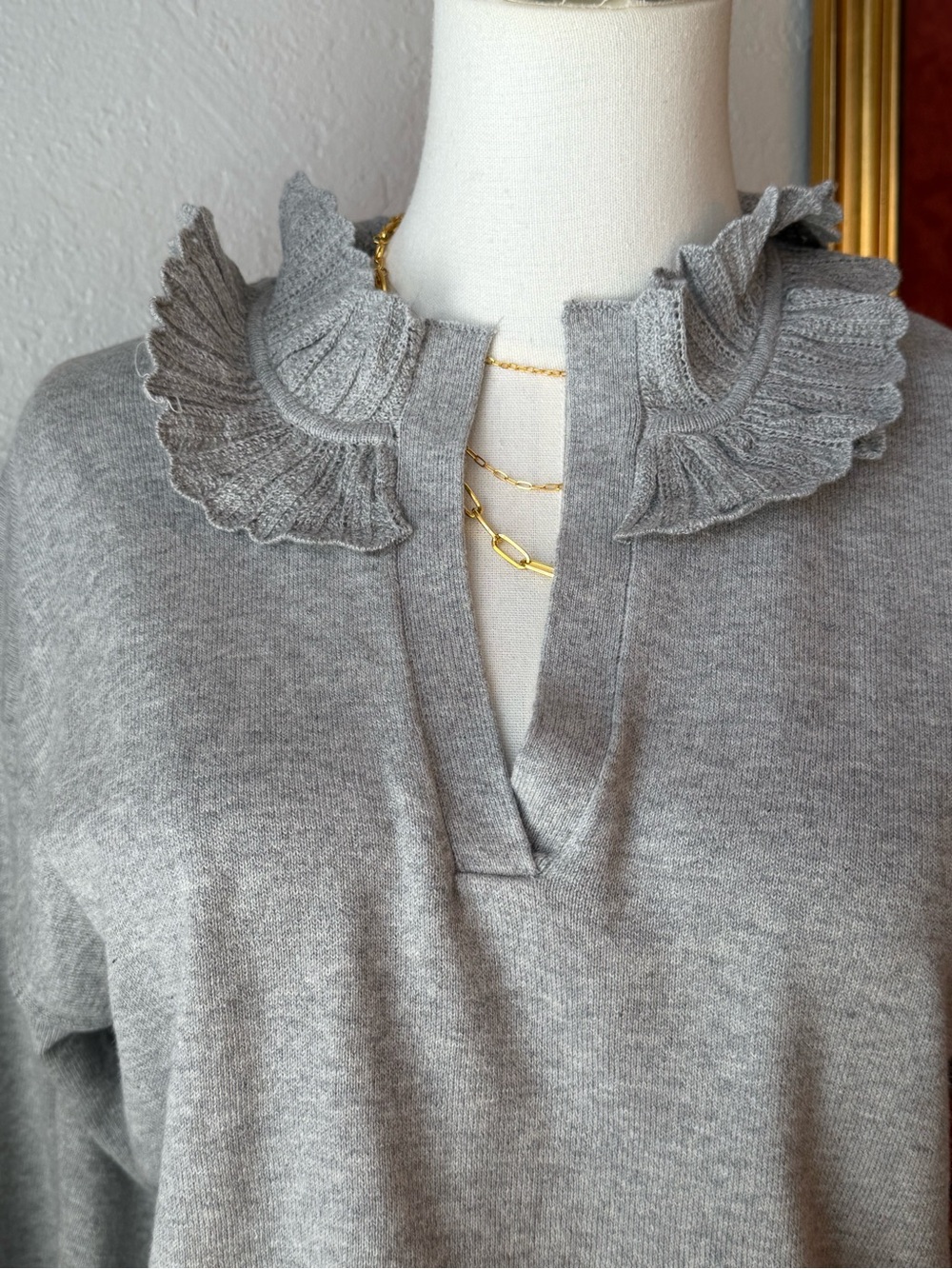 138~ Nation LTD Winona Heather Gray Ruffle V-Neck Cashmere Sweater